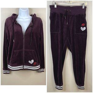 Vintage Y2K Betsey Johnson Indie Velour Tracksuit Hoodie Joggers Size L Purple